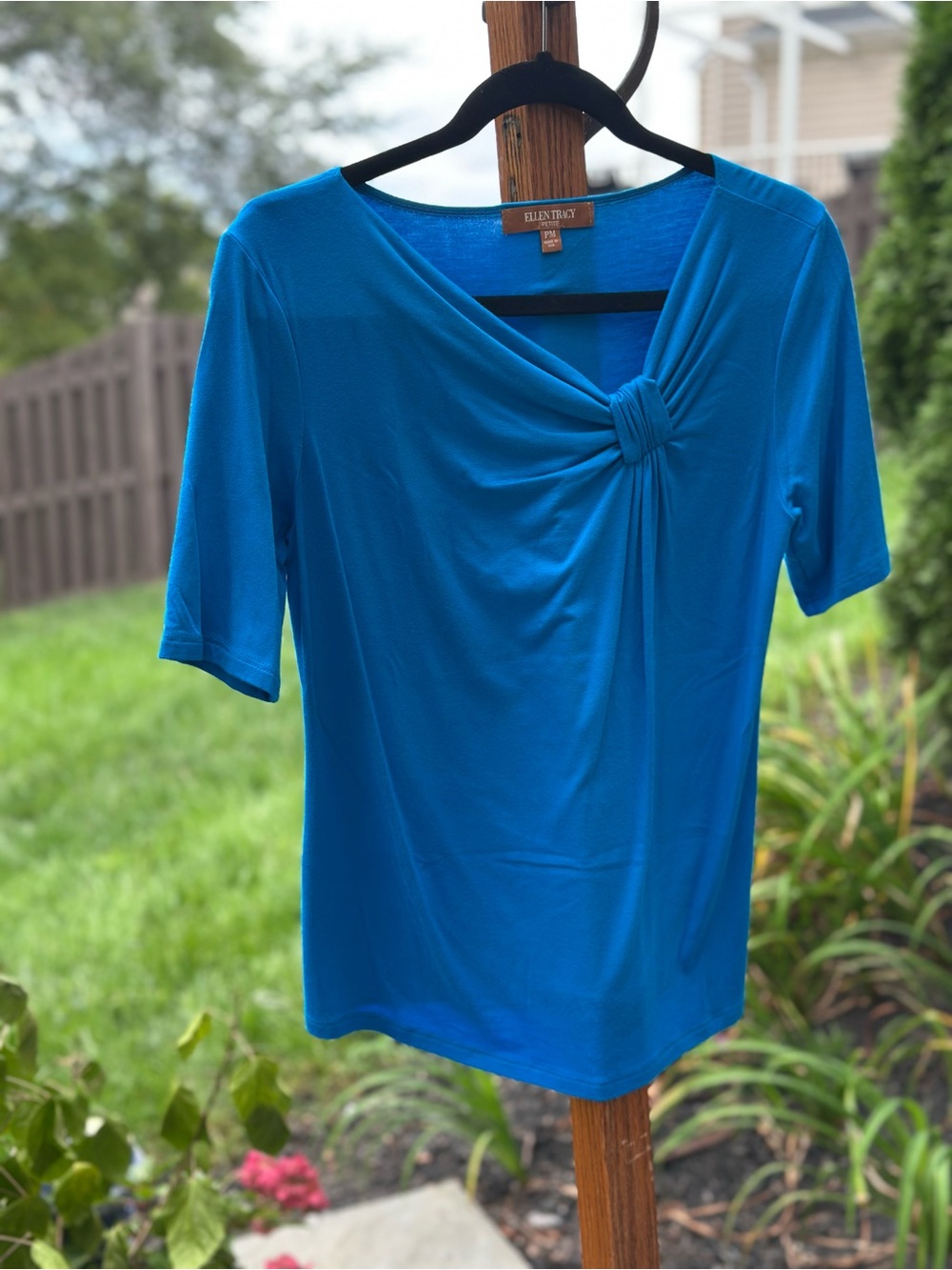Ellen Tracy Petite Medium Turquoise Blue Draped Knot Neck Top